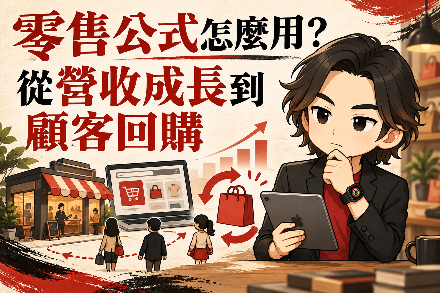 行銷武士道Q版商業顧問配戴Apple Watch,手持平板思考,搭配實體店、電商與回購箭頭,以及「零售公式怎麼用?從營收成長到顧客回購」標題。