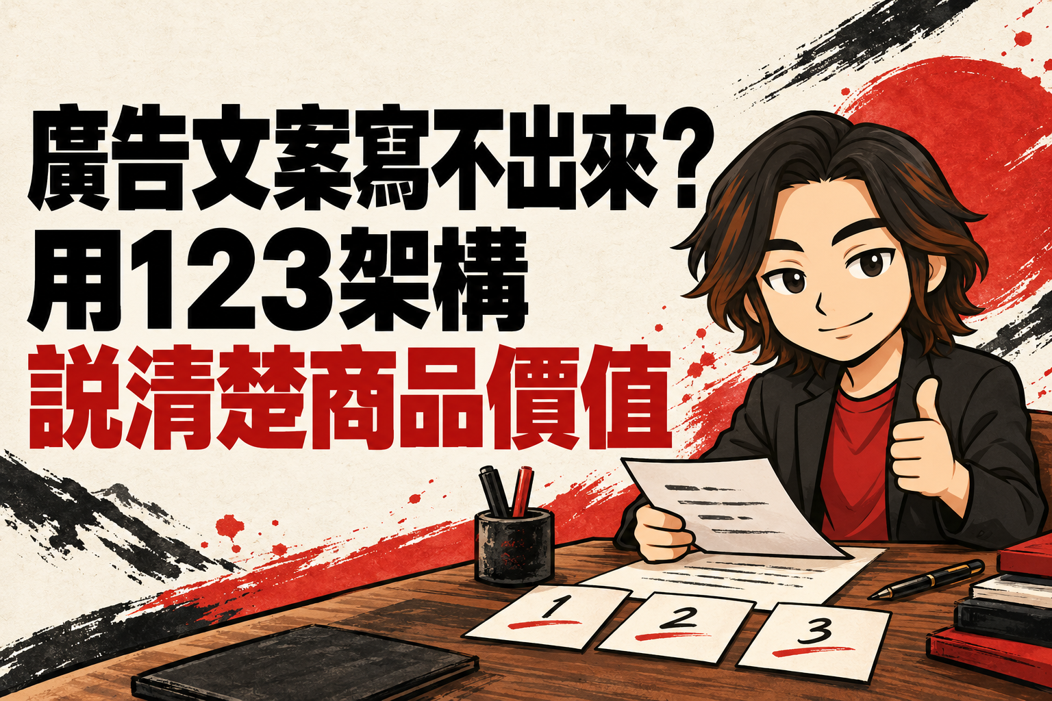 行銷武士道Q版人物豎起拇指，搭配文案草稿與123便條，主題為「廣告文案寫不出來？用123架構說清楚商品價值」。