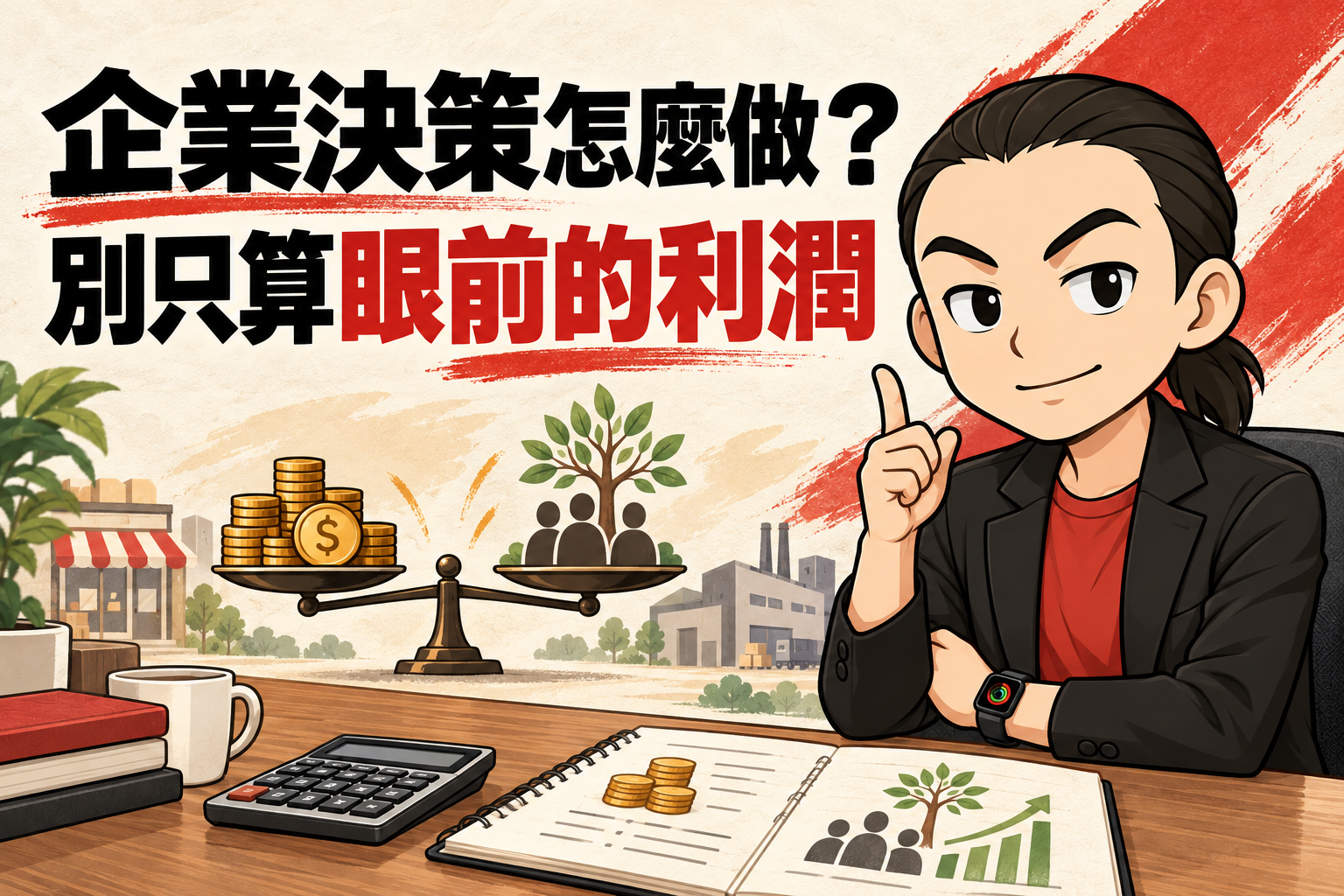 行銷武士道Q版顧問穿著合身紅色T-Shirt與黑色商務外套,配戴Apple Watch,搭配金幣、人群與天平,呈現「企業決策怎麼做?別只算眼前的利潤」主題。