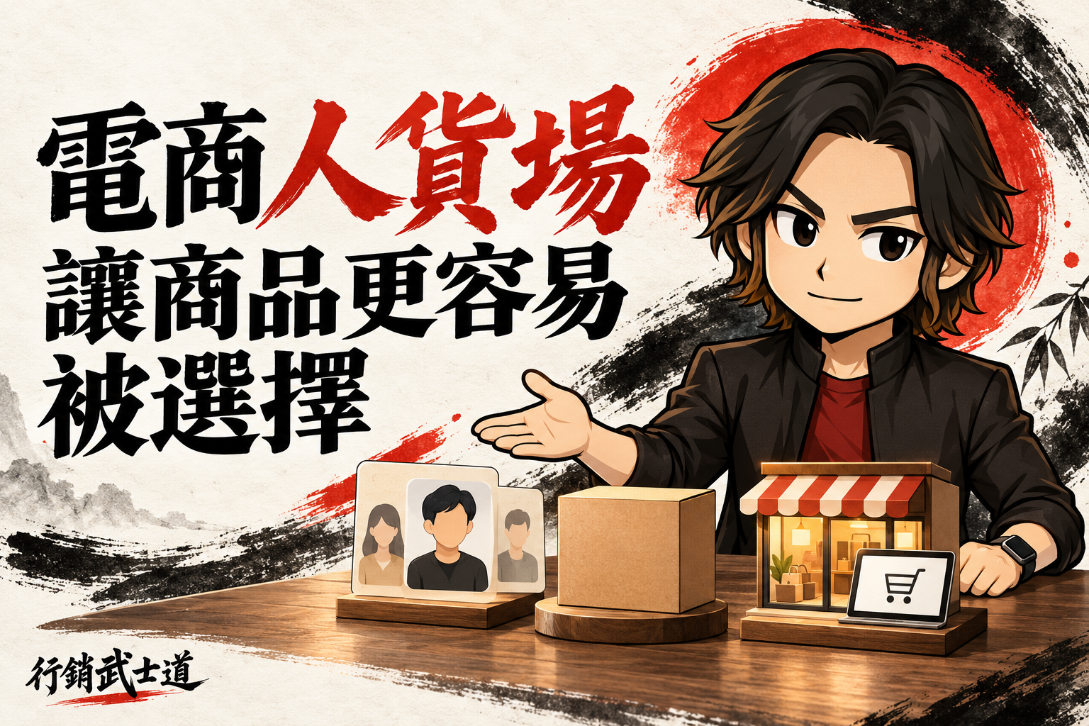 行銷武士道Q版品牌顧問介紹代表人、貨、場的顧客圖卡、商品盒與銷售場域,搭配「電商人貨場:讓商品更容易被選擇」標題。