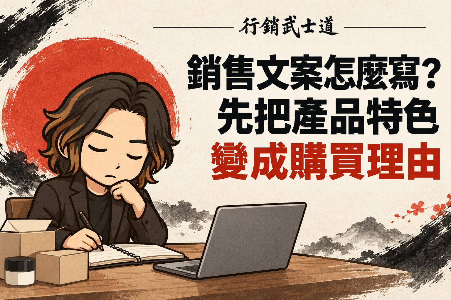 行銷武士道 Q 版人物在產品盒與筆電旁思考、書寫筆記,搭配「銷售文案怎麼寫?先把產品特色變成購買理由」標題。