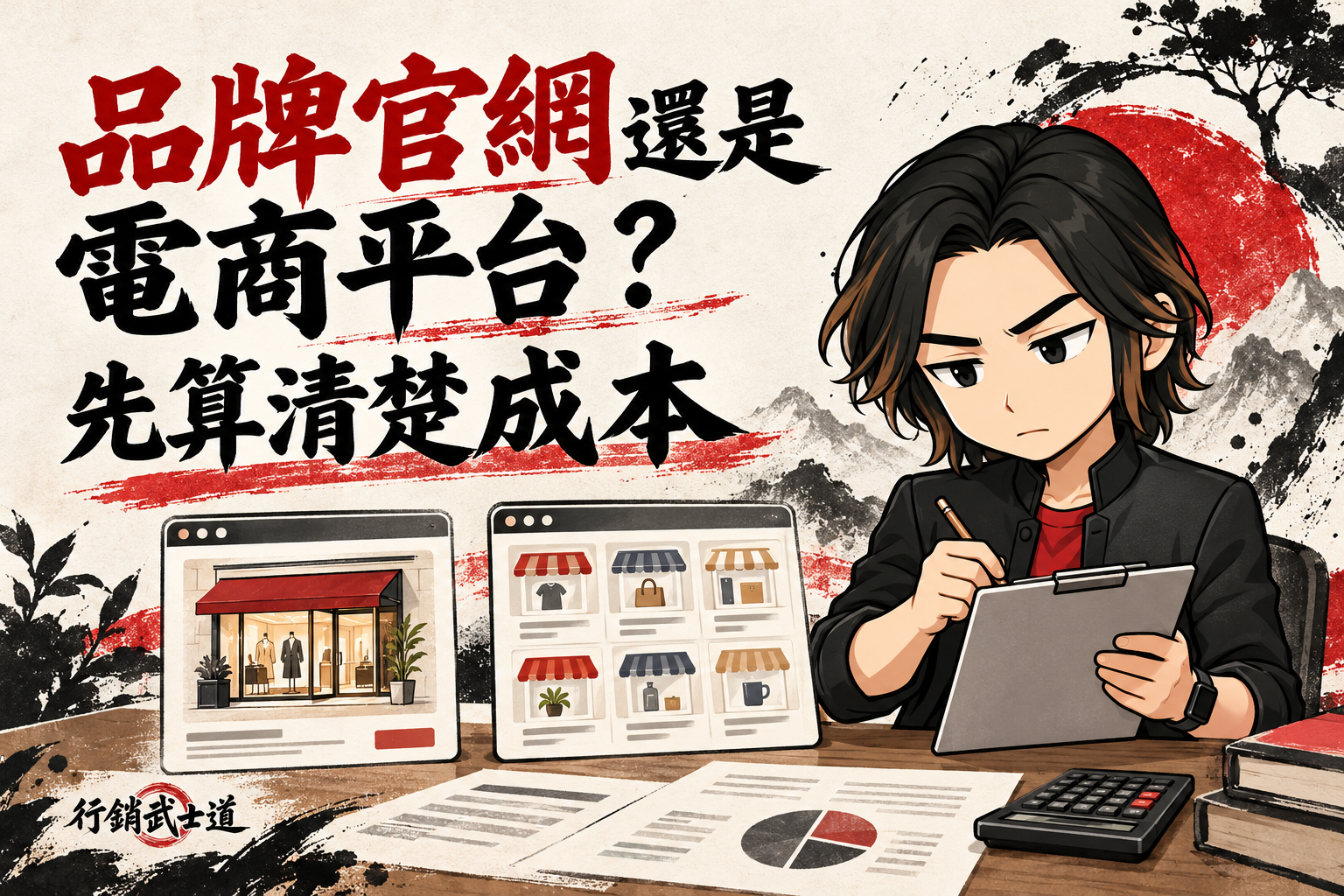 行銷武士道Q版品牌顧問比較品牌官網與購物平台的經營成本，搭配「品牌官網還是電商平台？先算清楚成本」標題。