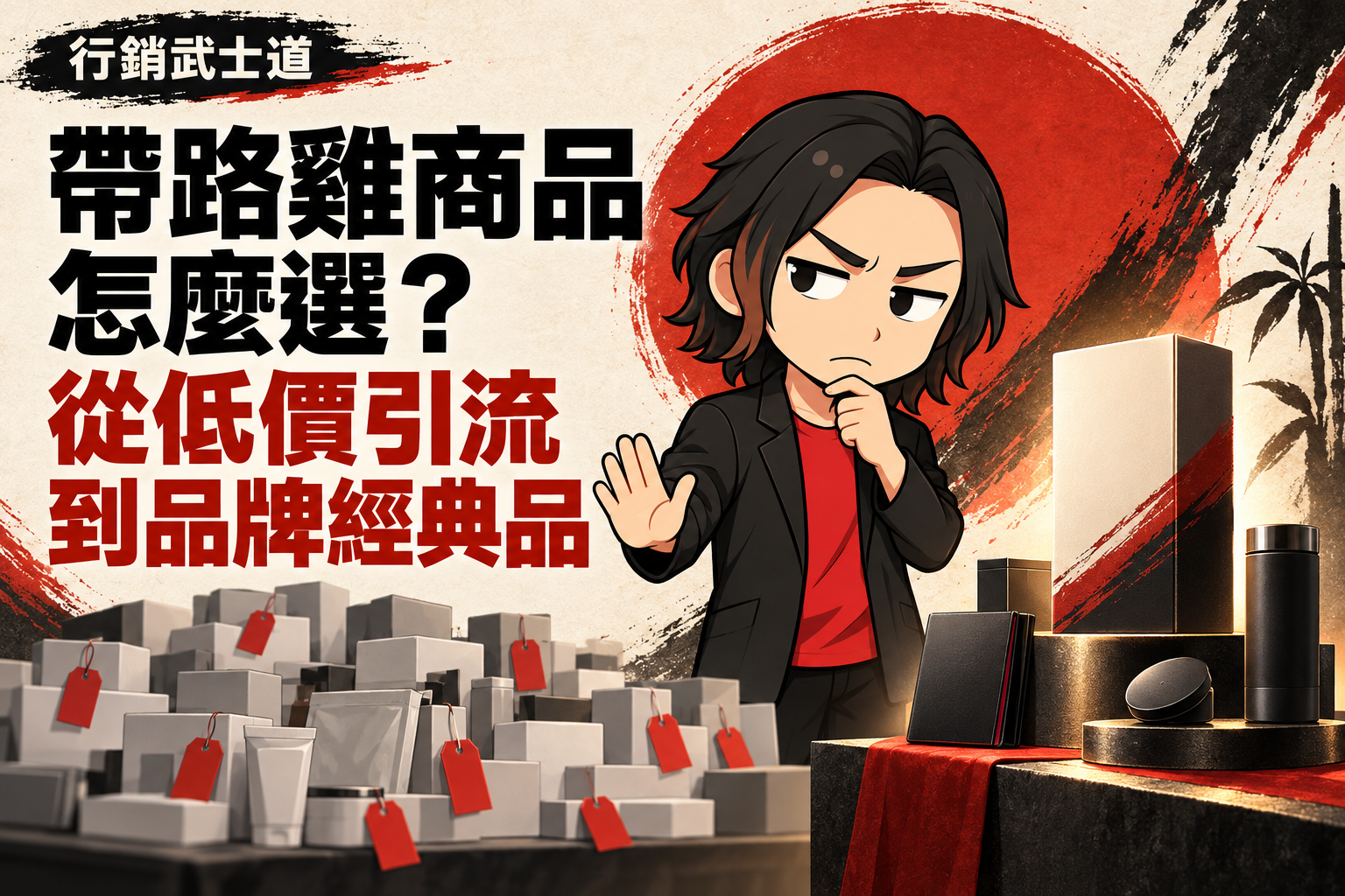 行銷武士道Q版人物比較掛有紅色價牌的商品堆與重點陳列商品,搭配「帶路雞商品怎麼選?從低價引流到品牌經典品」標題。