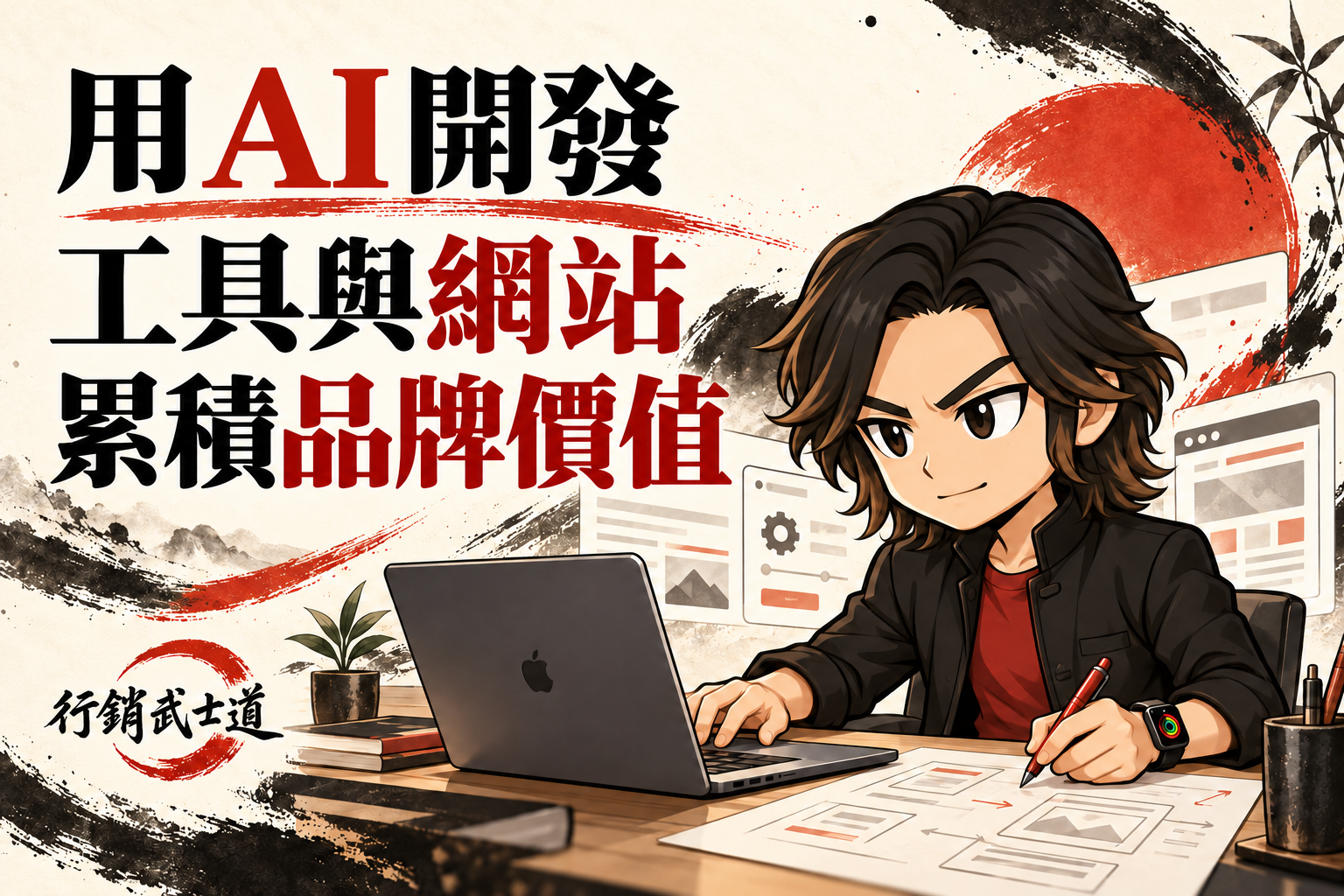 行銷武士道 Q 版品牌顧問規劃工具與網站,搭配「用 AI 開發工具與網站,累積品牌價值」標題。