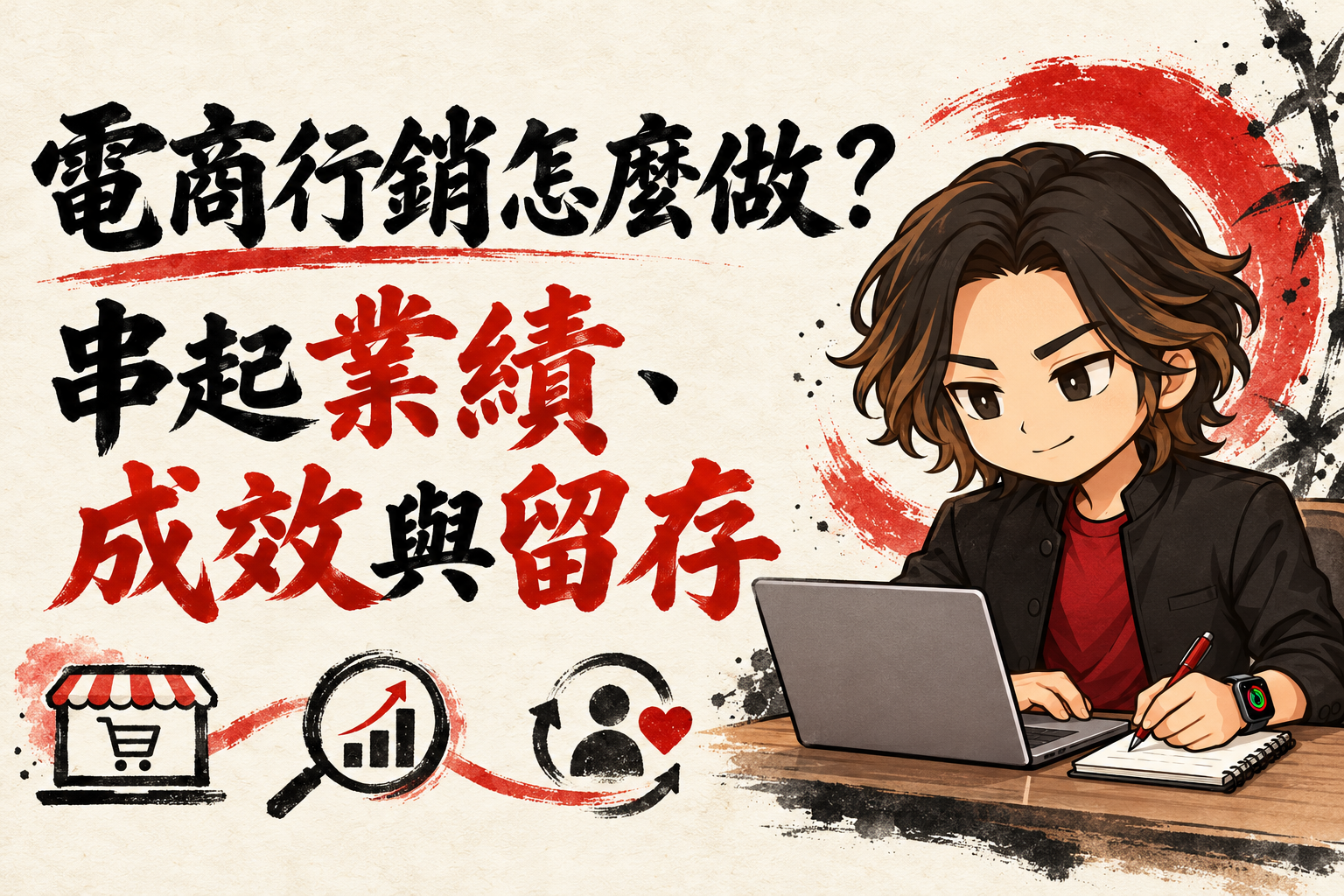 行銷武士道Q版顧問穿黑色商務外套與紅色T-Shirt、配戴Apple Watch,在筆電前分析電商行銷,搭配「電商行銷怎麼做?串起業績、成效與留存」標題。