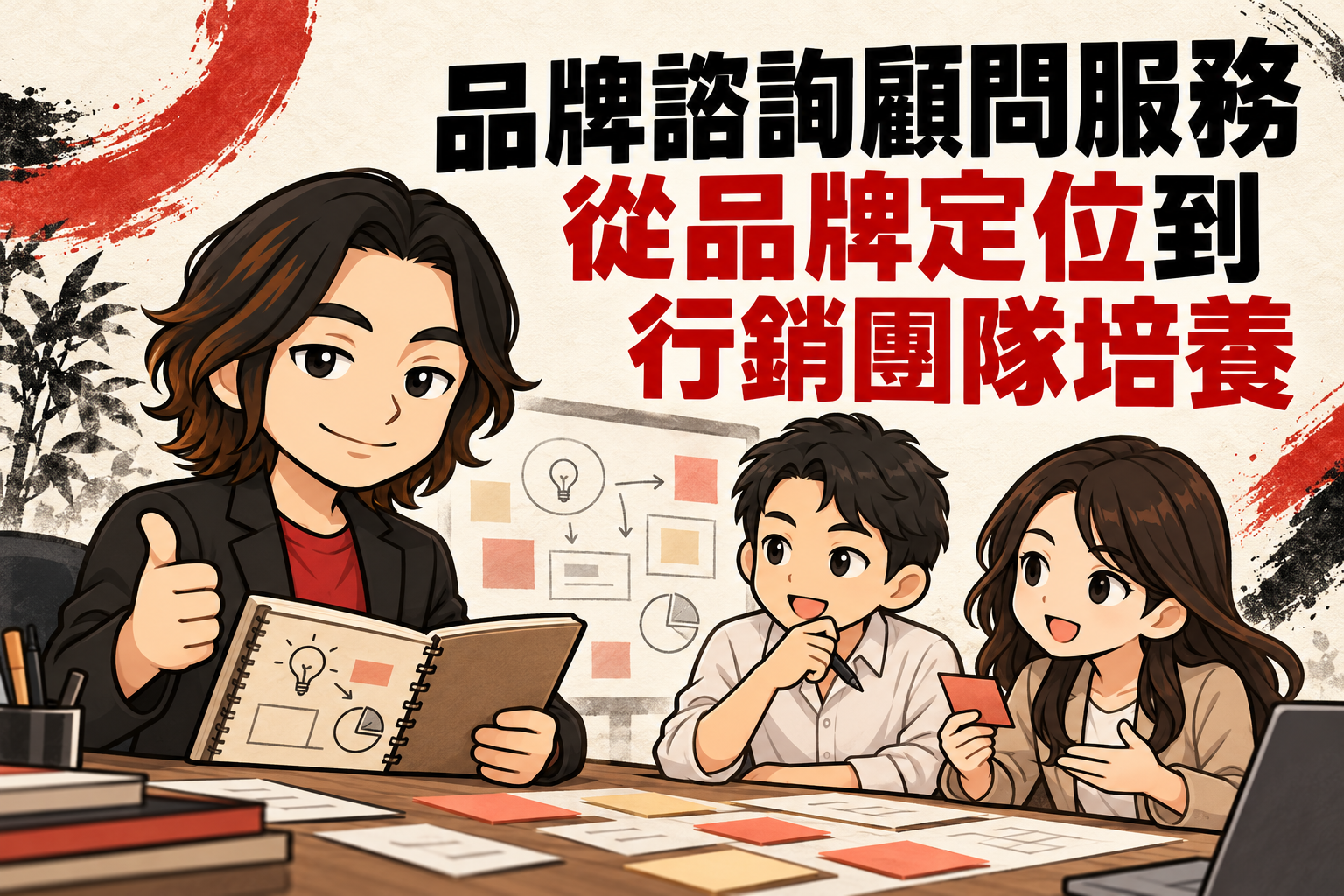 行銷武士道Q版顧問手持規劃筆記,與兩位團隊成員討論,搭配「品牌諮詢顧問服務:從品牌定位到行銷團隊培養」標題。