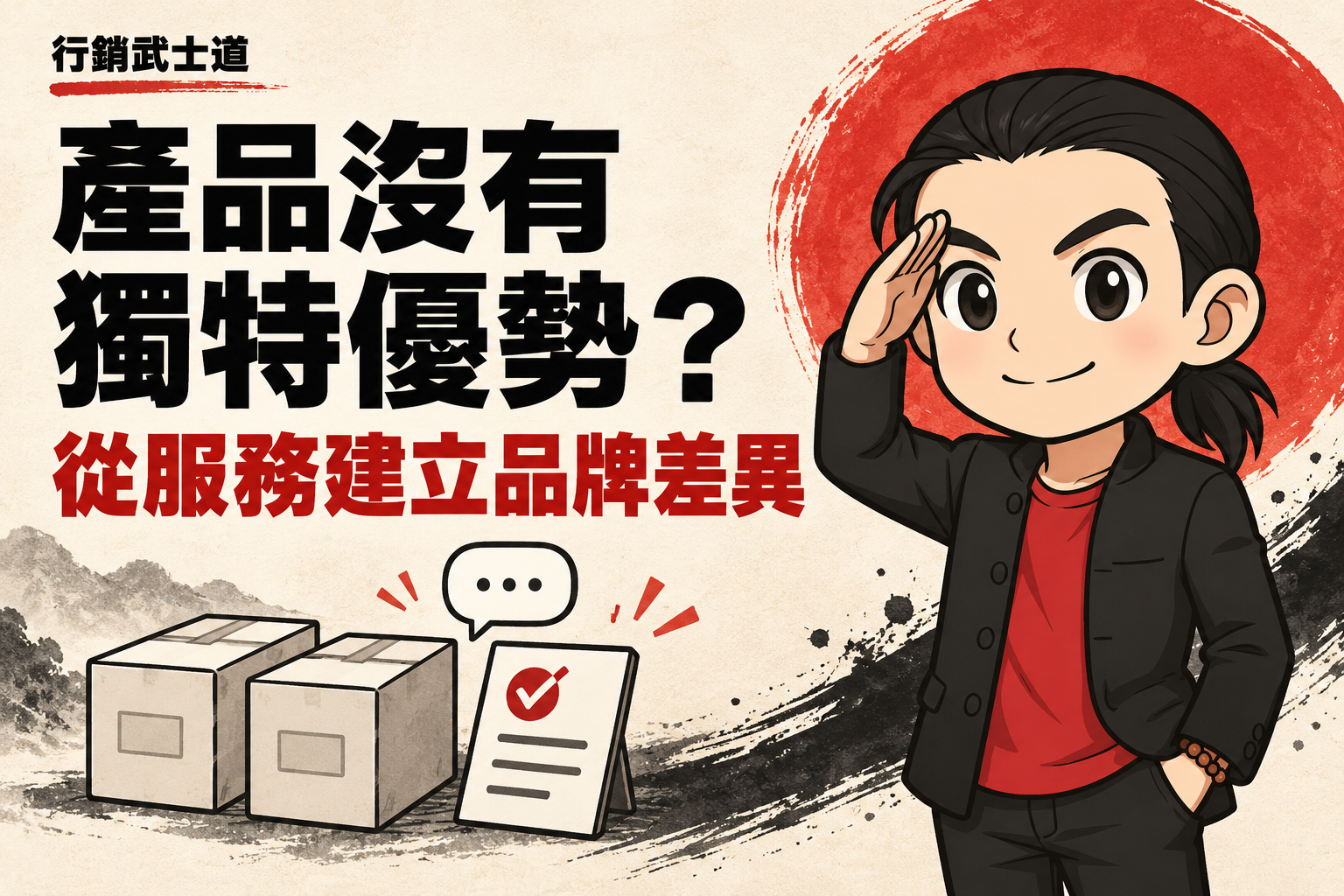 行銷武士道 Q 版人物親切敬禮,旁邊呈現商品盒與服務說明卡,搭配「產品沒有獨特優勢?從服務建立品牌差異」標題。