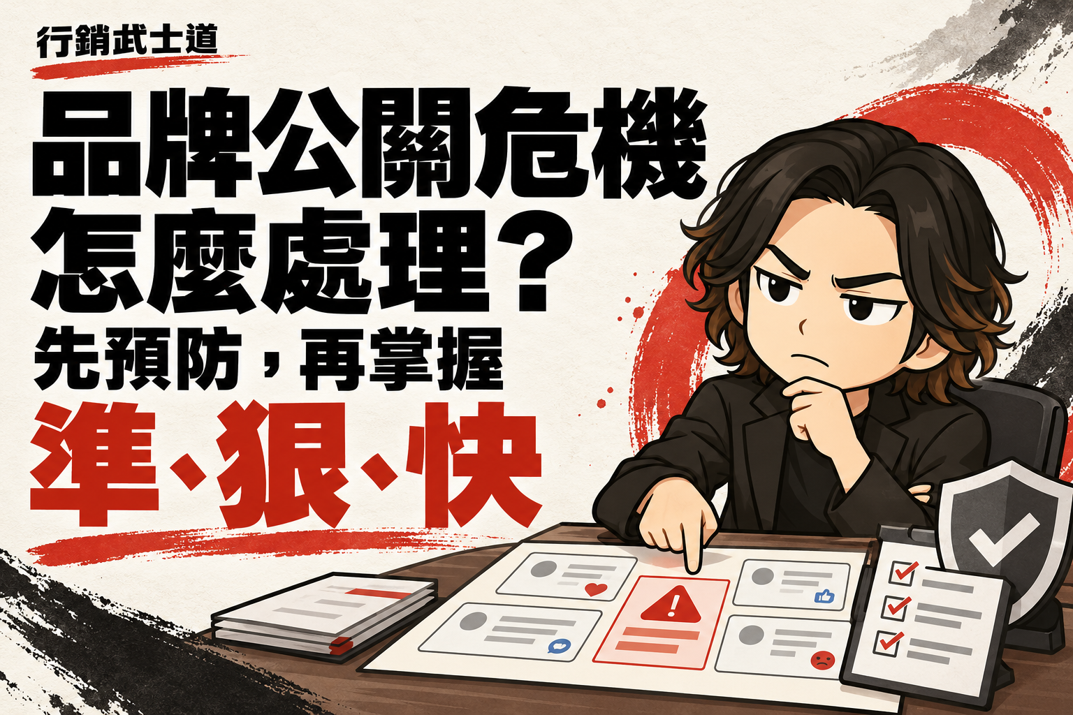 行銷武士道 Q 版人物檢視社群訊息與警示卡片,旁有檢核表及盾牌,標題為「品牌公關危機怎麼處理?先預防,再掌握準、狠、快」。