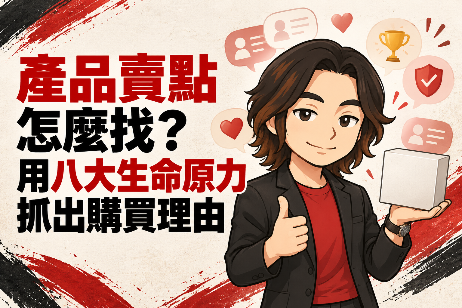 行銷武士道Q版商業顧問穿著合身紅色T-Shirt與黑色外套,一手比讚、一手拿商品盒,搭配「產品賣點怎麼找?用八大生命原力抓出購買理由」標題。