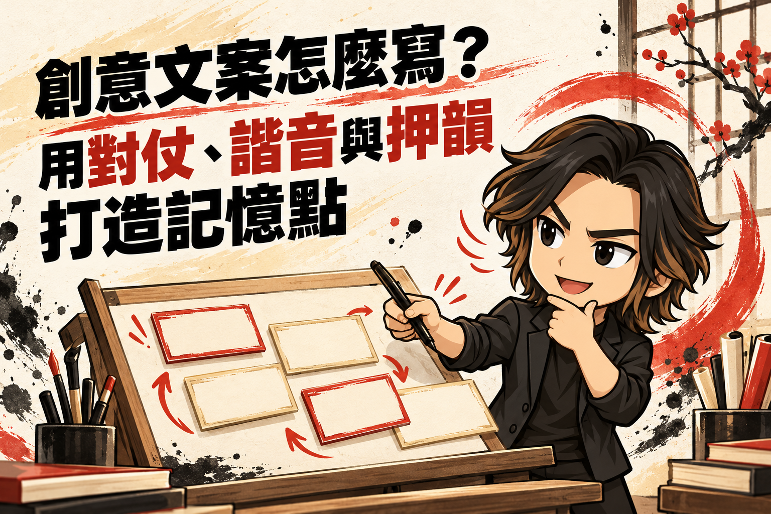 行銷武士道Q版人物拿筆思考創意卡片的排列,搭配「創意文案怎麼寫?用對仗、諧音與押韻打造記憶點」標題。