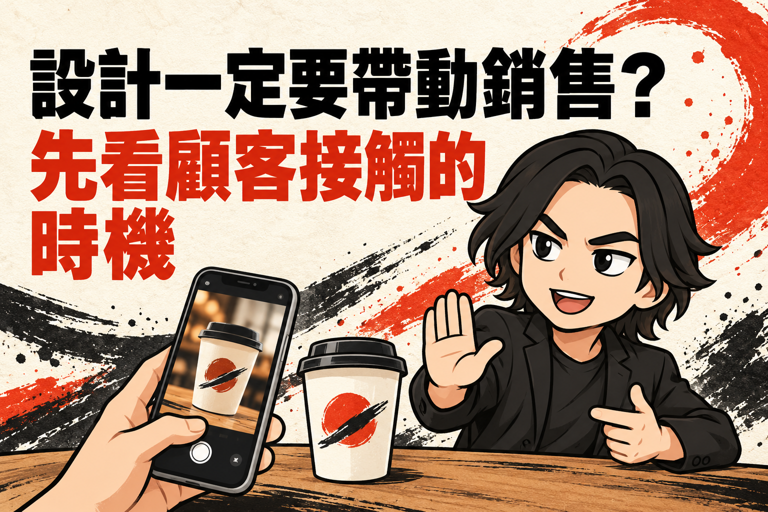 行銷武士道Q版人物抬手說明,旁邊是外帶飲料杯與拍攝杯子的手機,標題為「設計一定要帶動銷售?先看顧客接觸的時機」。