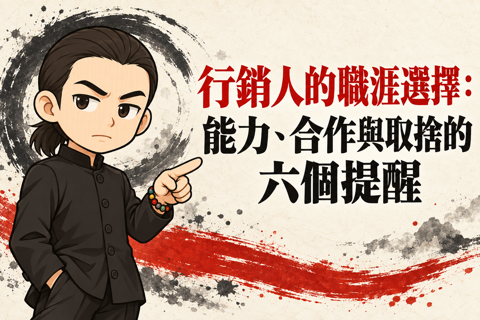 行銷武士道 Q 版人物指向「行銷人的職涯選擇:能力、合作與取捨的六個提醒」標題,背景為米白紙紋與黑紅水墨筆觸。