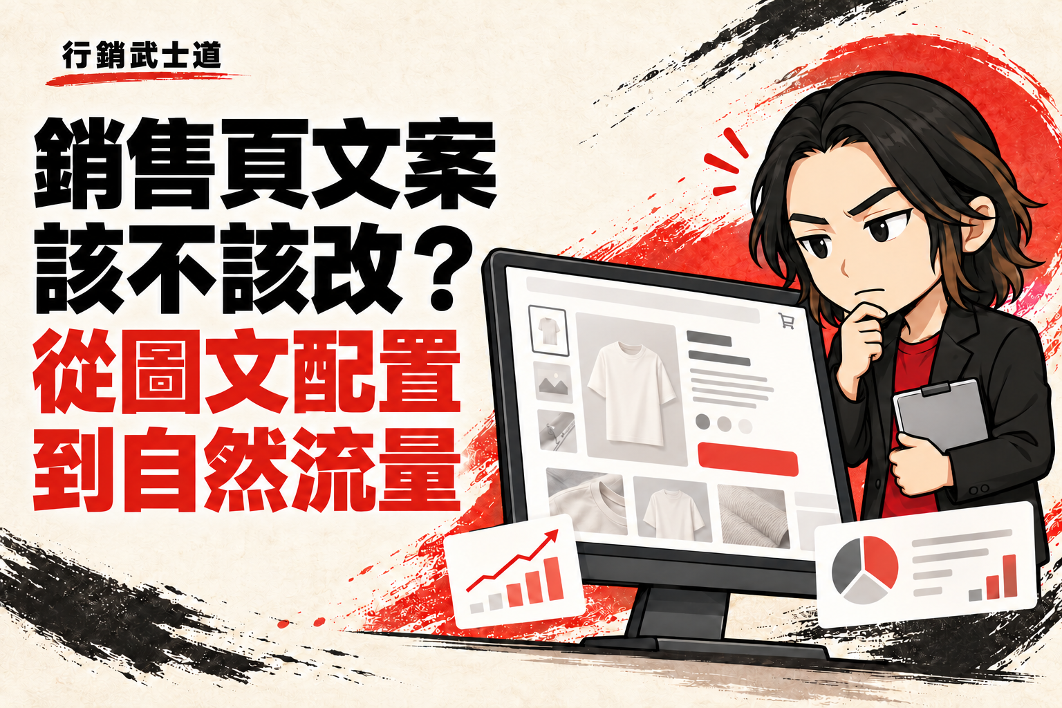 行銷武士道 Q 版人物拿著資料夾指向電商商品頁，搭配搜尋與數據圖示，標題為「銷售頁文案該不該改？從圖文配置到自然流量」。