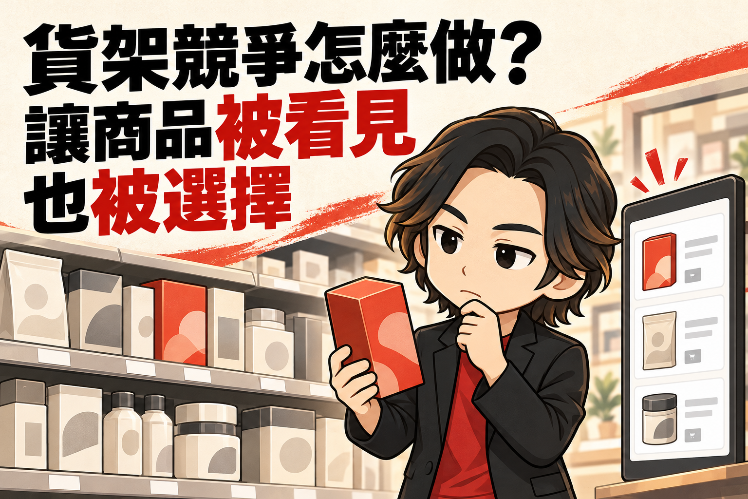 行銷武士道Q版人物在貨架前拿著紅色商品盒思考,旁有數位商品列表,搭配「貨架競爭怎麼做?讓商品被看見,也被選擇」標題。