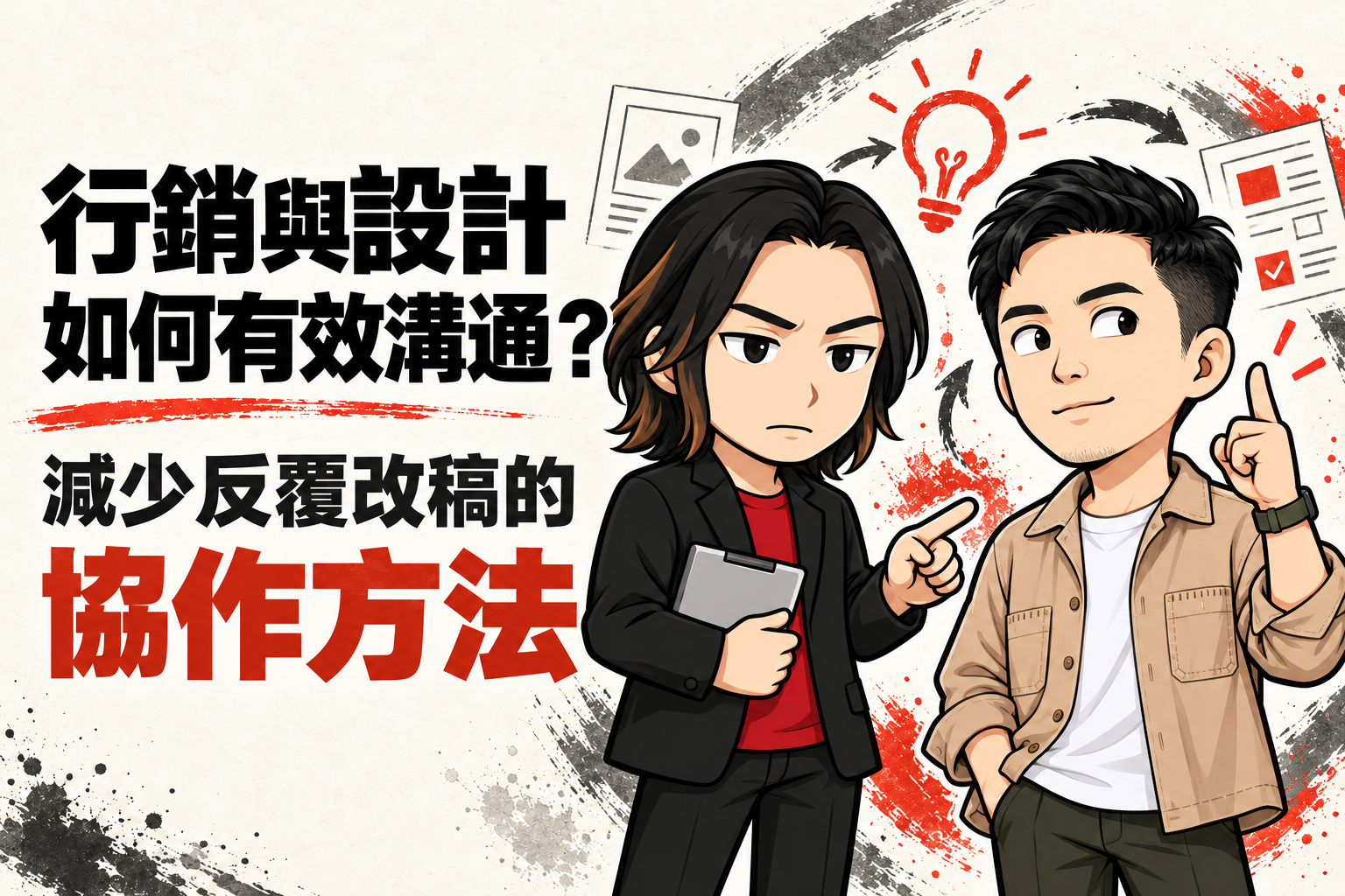行銷武士道 Q 版人物手持平板並指向設計稿，搭配「行銷與設計如何有效溝通？減少反覆改稿的協作方法」標題，背景為黑紅水墨與米白紙張。