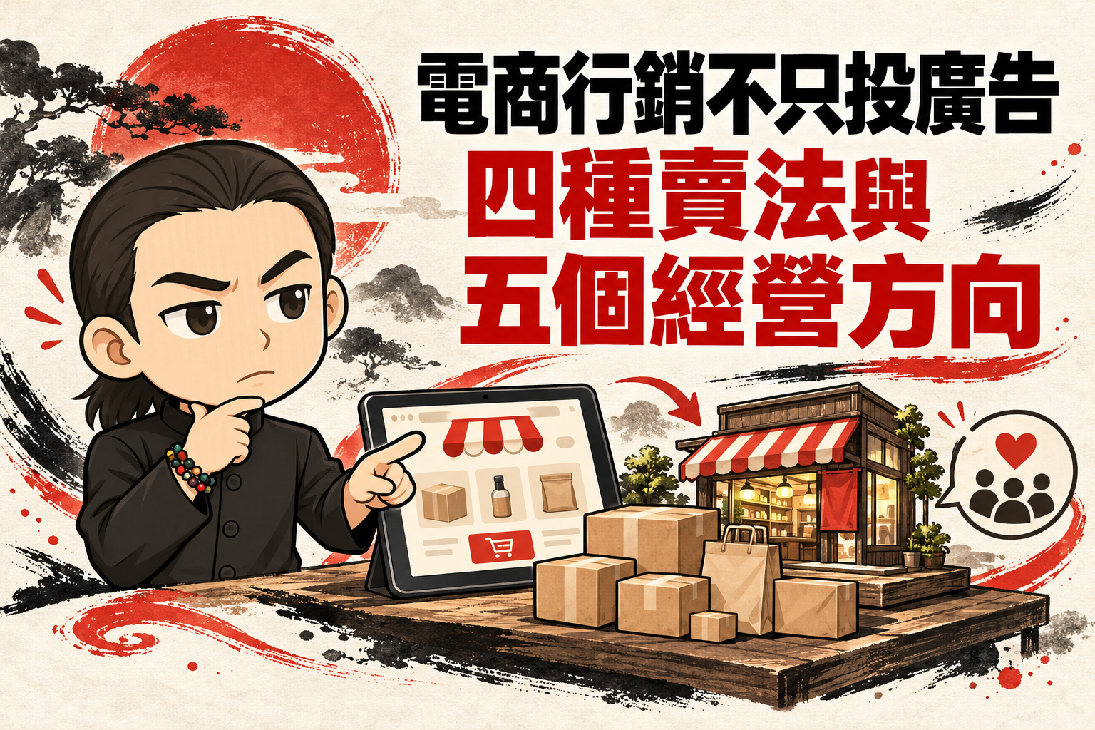 行銷武士道Q版人物指向網路商店平板，旁有實體店面、商品包裝與顧客圖示，搭配「電商行銷不只投廣告：四種賣法與五個經營方向」標題。