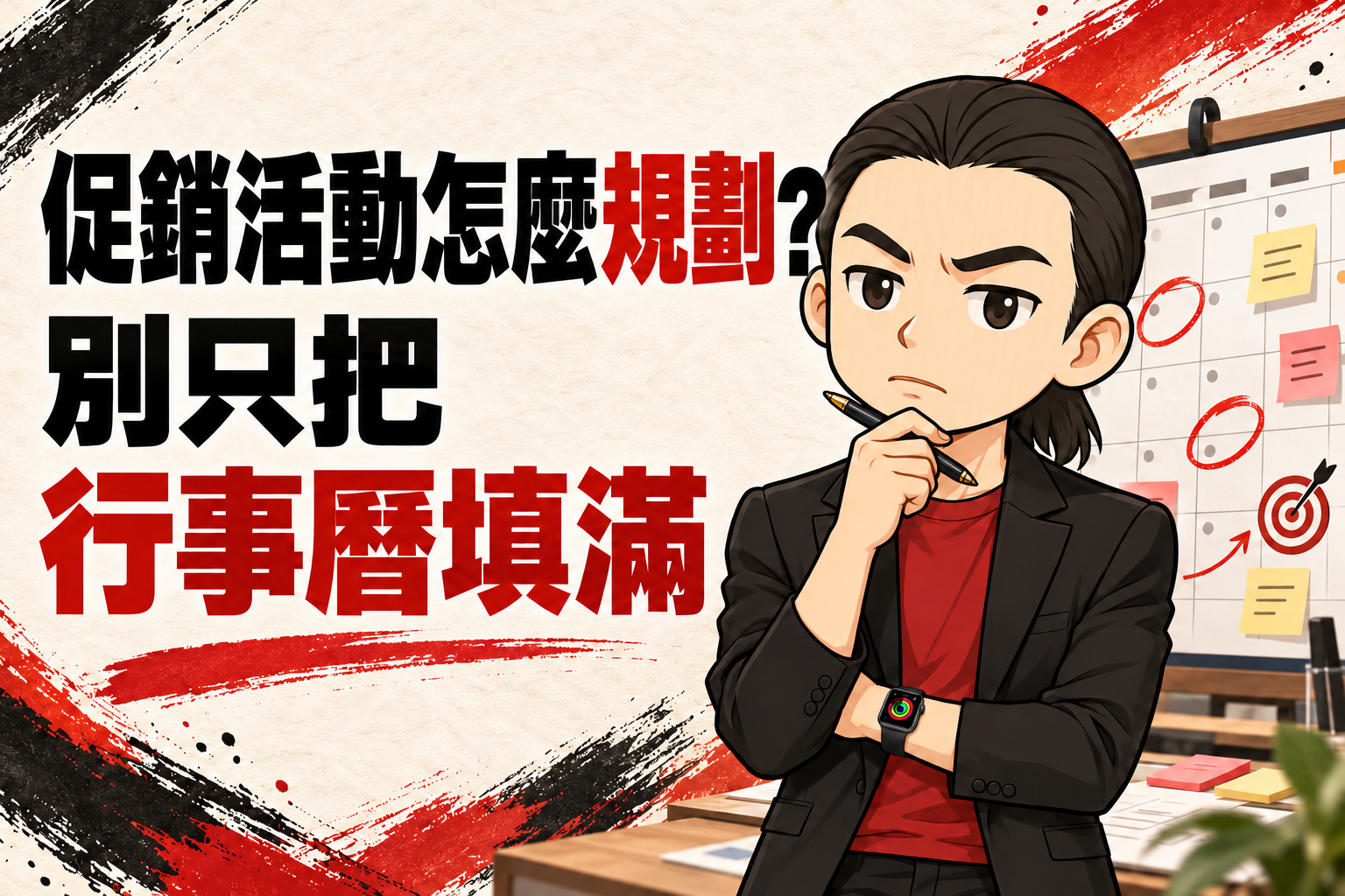 行銷武士道Q版商業顧問穿著合身紅色T-Shirt與黑色外套，持筆思考活動行事曆，搭配「促銷活動怎麼規劃？別只把行事曆填滿」標題。