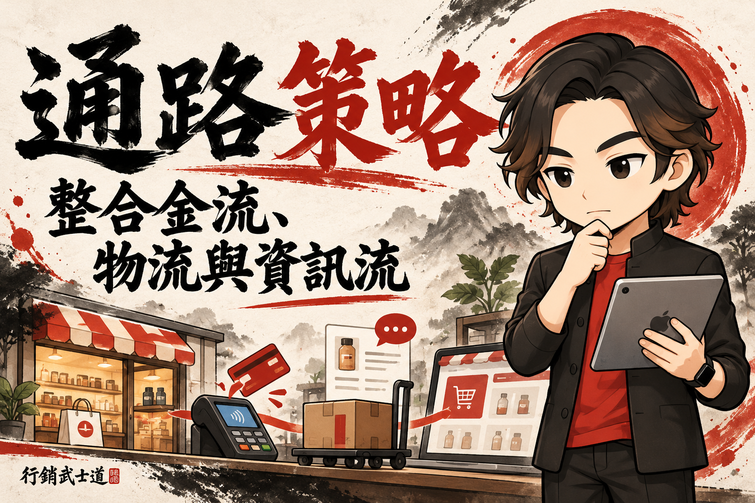 行銷武士道Q版品牌顧問檢視門市、付款、配送與商品資訊安排，搭配「通路策略：整合金流、物流與資訊流」標題。
