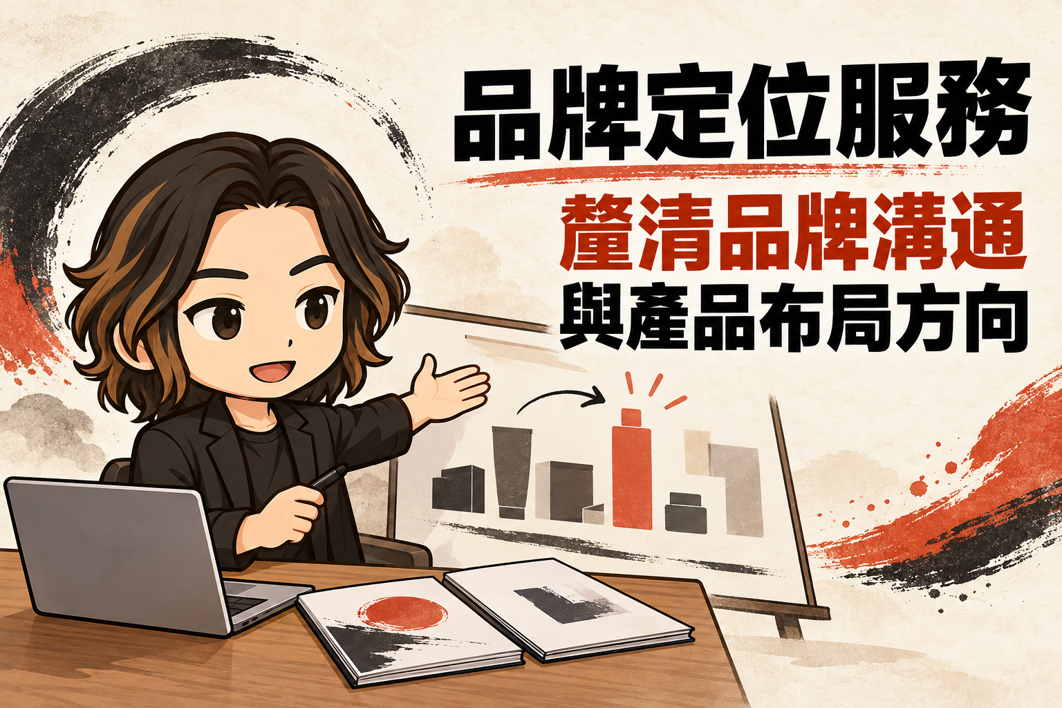 行銷武士道Q版人物在筆電與建議書旁,指向呈現產品布局的簡報板,搭配「品牌定位服務:釐清品牌溝通與產品布局方向」標題。