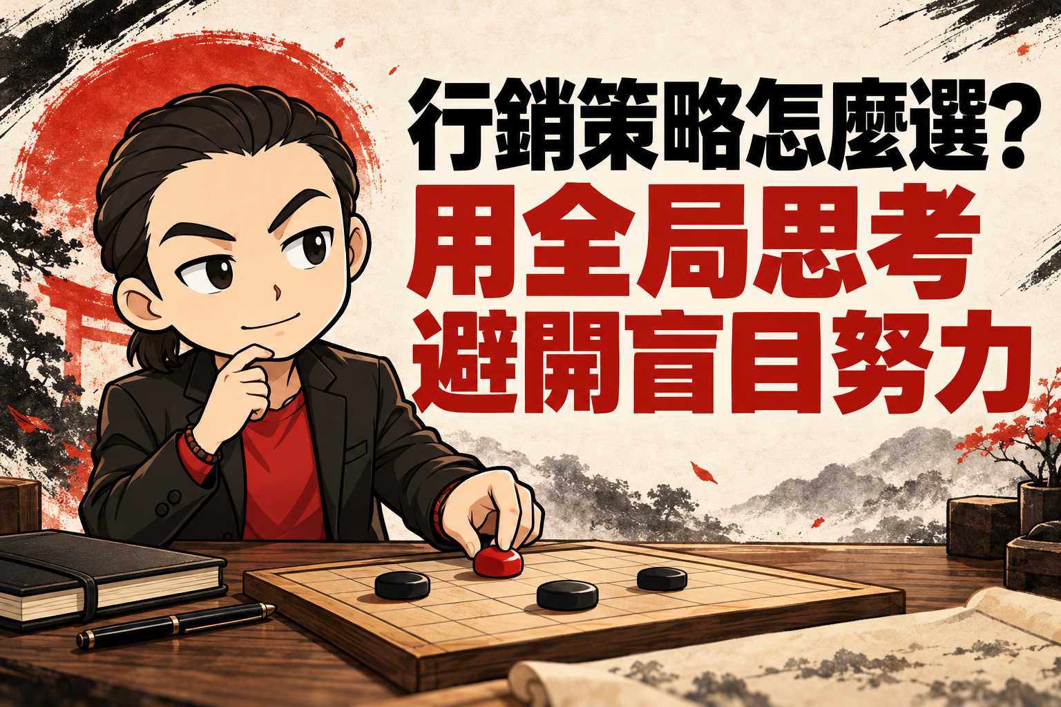 行銷武士道Q版人物在棋盤前思考並移動紅色棋子，搭配「行銷策略怎麼選？用全局思考避開盲目努力」標題。