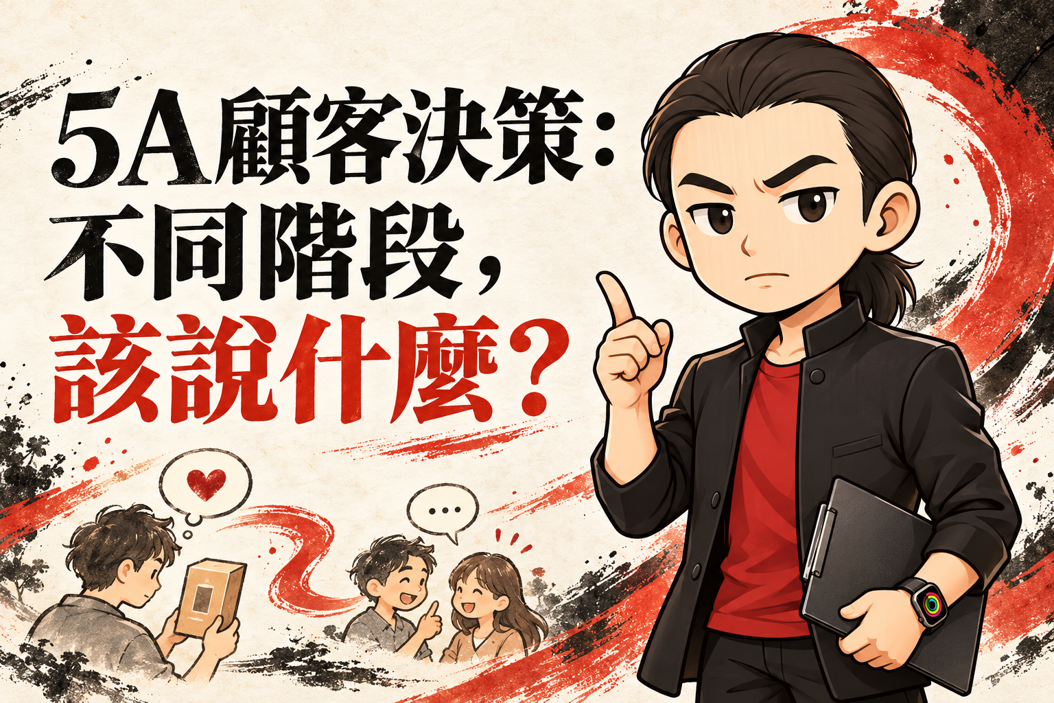 行銷武士道Q版商業顧問穿黑色外套與紅色T-Shirt、配戴Apple Watch,抬手說明顧客溝通,搭配「5A顧客決策:不同階段,該說什麼?」標題。